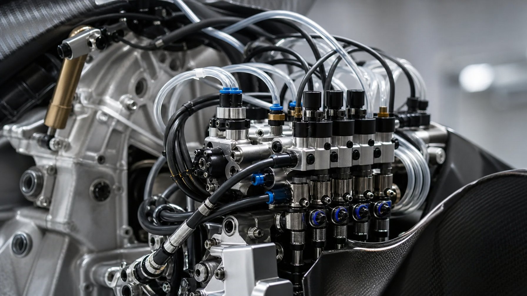 Foto close-up komponen utama dan jalur sistem katup pneumatik pada mesin motor MotoGP modern.
