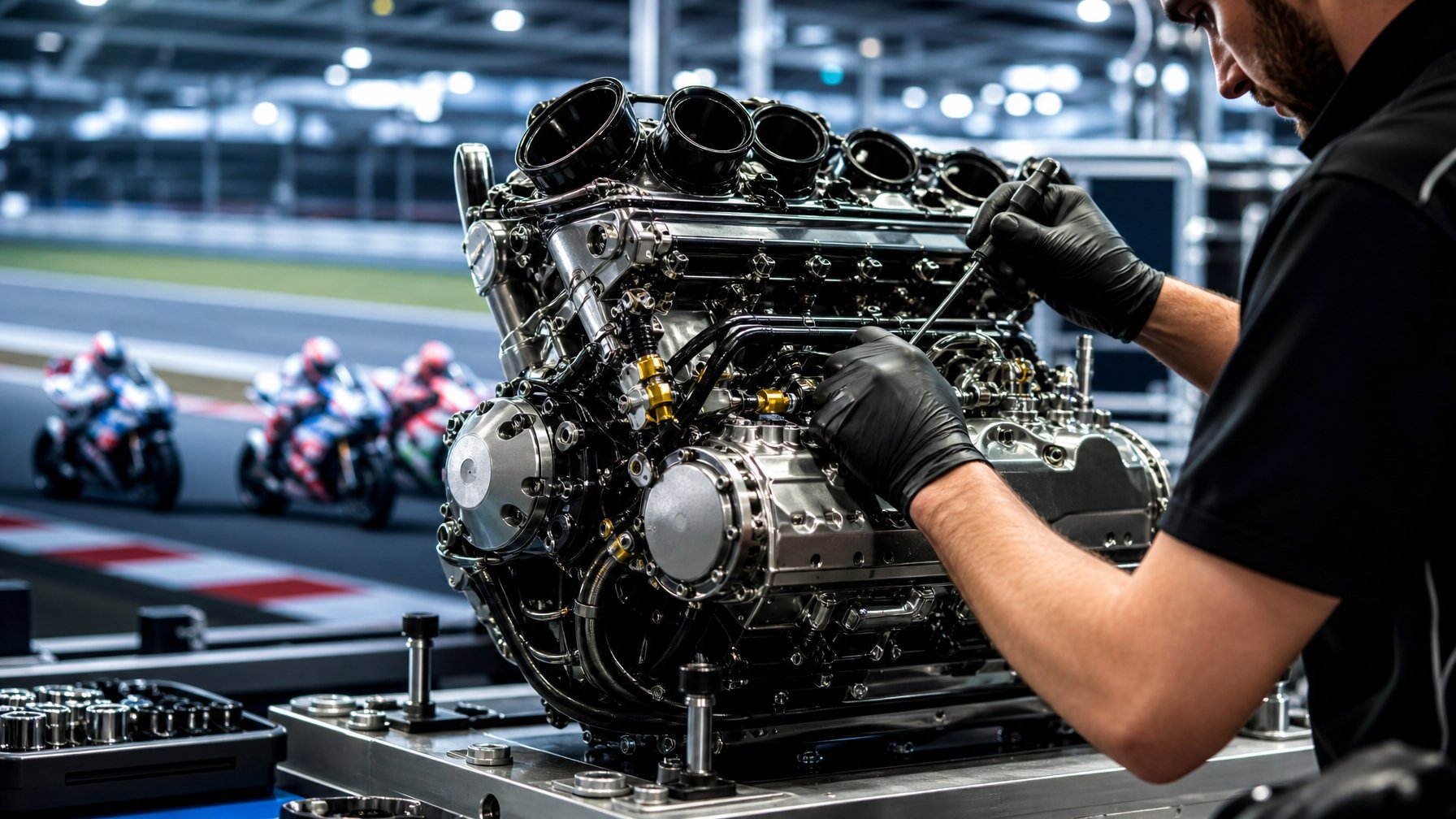 Seorang teknisi merakit mesin motor 1000cc di pabrik dengan latar belakang lintasan balap MotoGP.