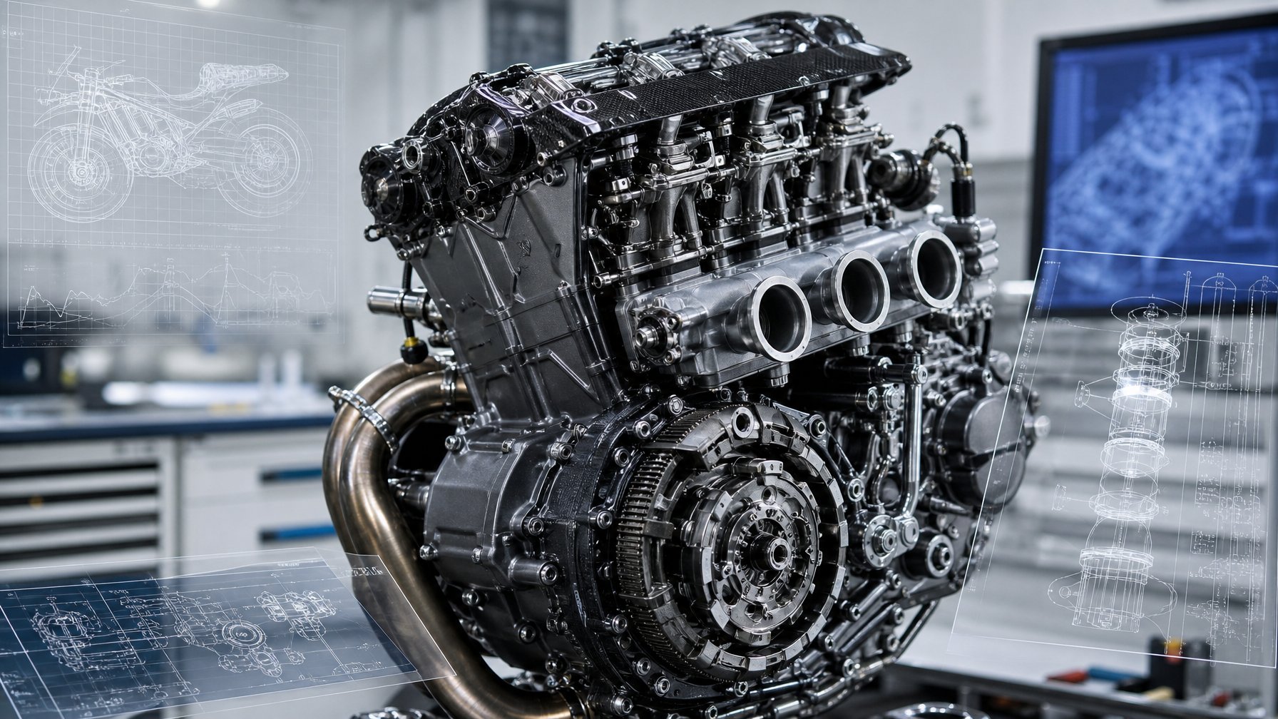 Close-up mesin motor 1000cc dengan bagian mekanis yang terlihat jelas di dalam bengkel profesional.