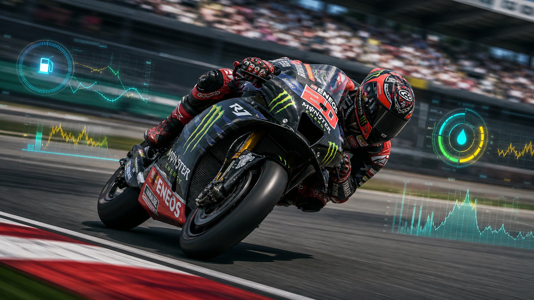 Sepeda motor MotoGP sedang melaju kencang di lintasan balap dengan pengendara yang membungkuk tajam saat berbelok.