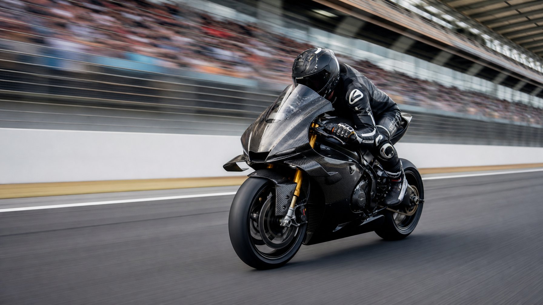 Sepeda motor MotoGP melaju kencang di lintasan lurus panjang dengan pembalap mengenakan perlengkapan balap lengkap.