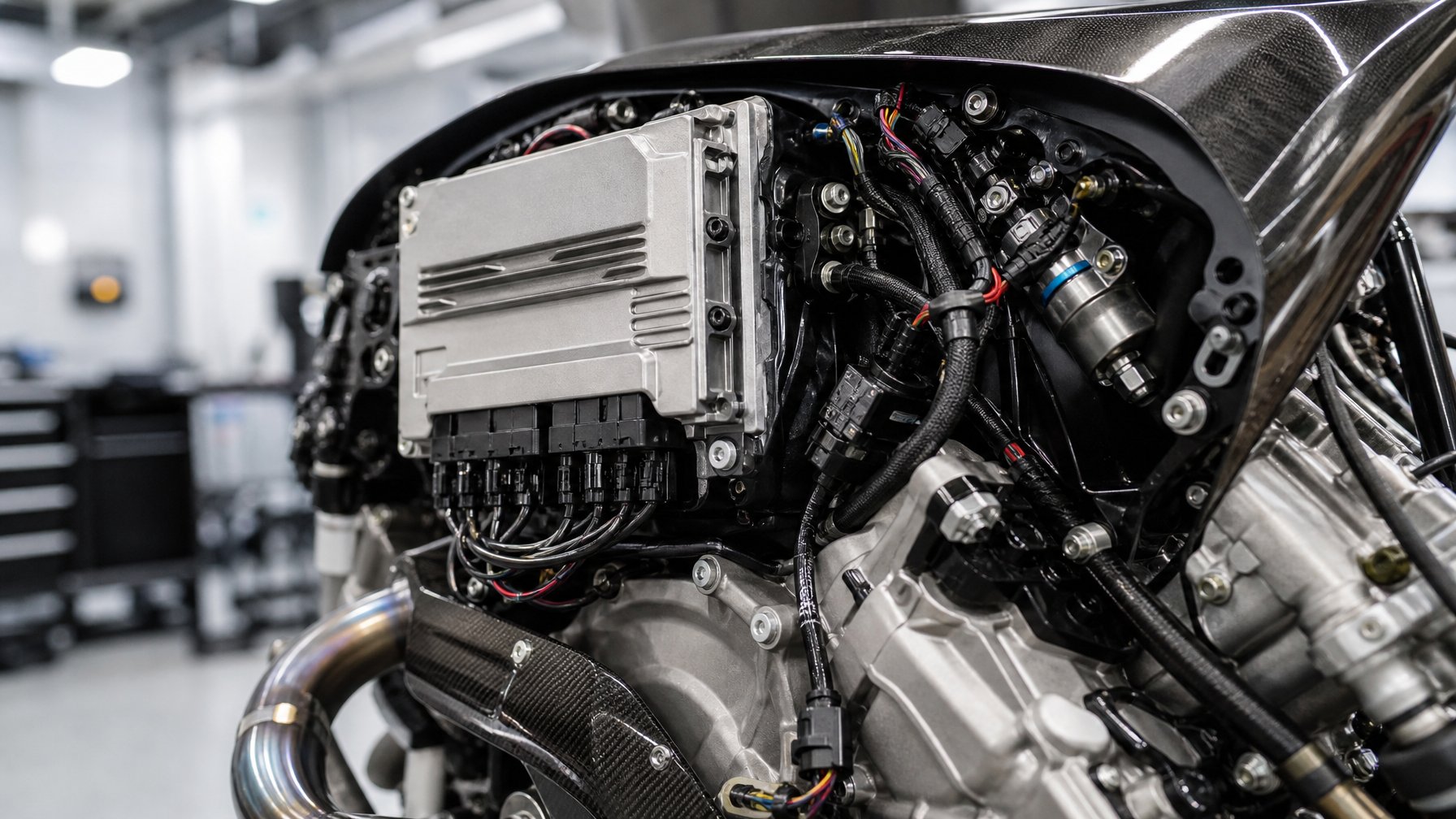 Close-up mesin MotoGP menampilkan unit kontrol elektronik Magneti Marelli dengan komponen elektronik dan kabel terpasang, di latar belakang bengkel yang terang.