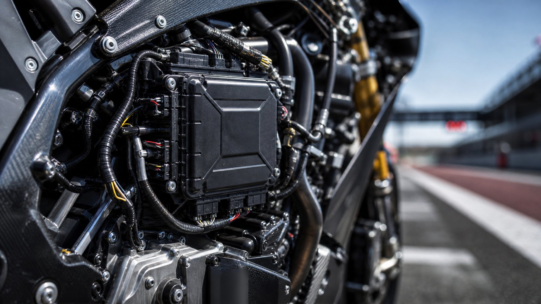 Foto close-up mesin motor balap MotoGP dengan unit ECU Magneti Marelli dan komponen elektronik terlihat jelas.