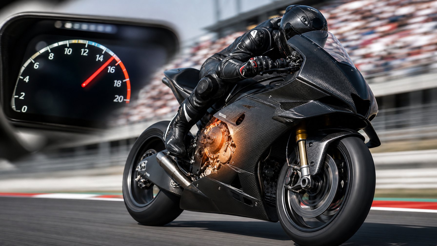 Sepeda motor balap MotoGP sedang melaju kencang di lintasan balap dengan fokus pada mesin dan panel kontrol digital.
