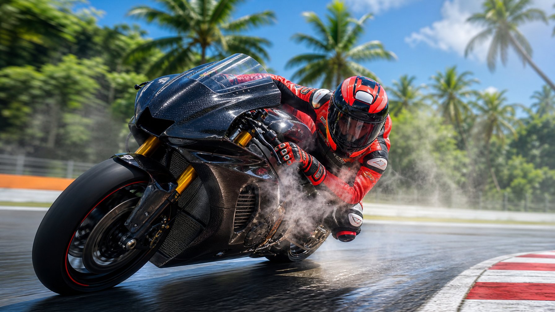 Motor balap MotoGP sedang melaju di lintasan dengan latar belakang vegetasi tropis dan cuaca panas.