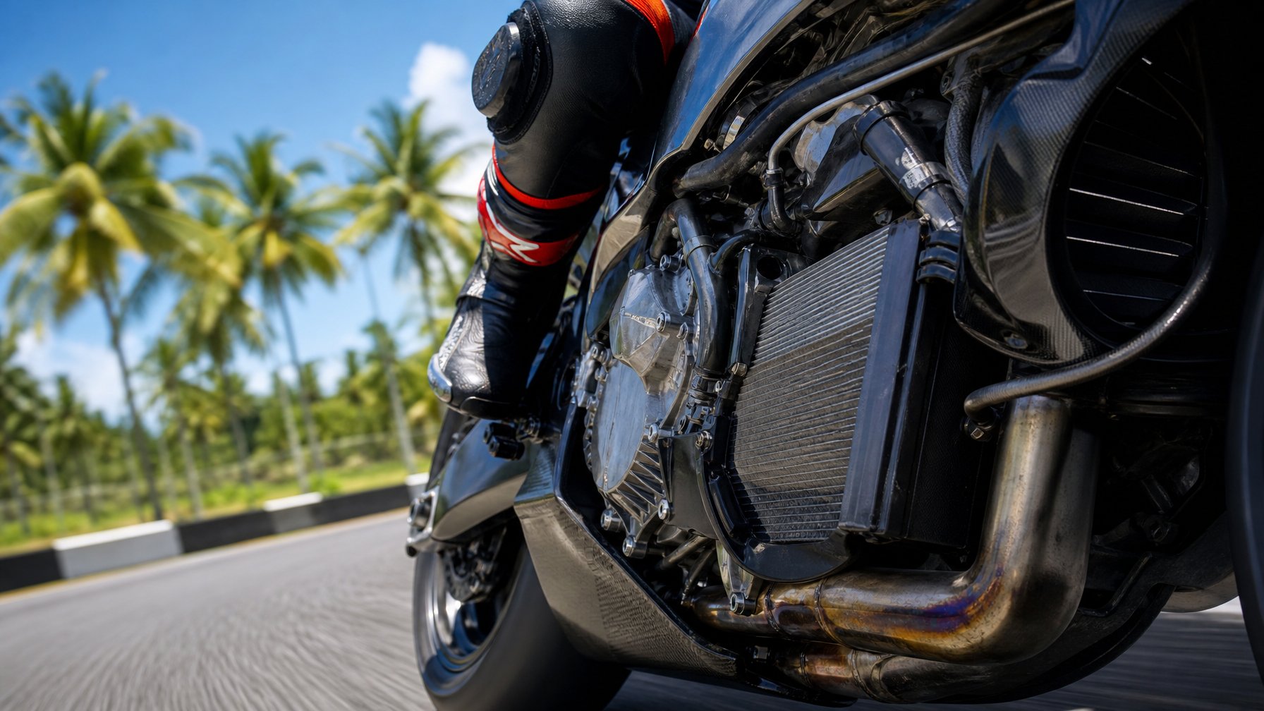Motor MotoGP sedang berlomba di negara tropis dengan latar belakang pohon palem dan cuaca panas, fokus pada mesin yang terlihat panas dan sistem pendingin.