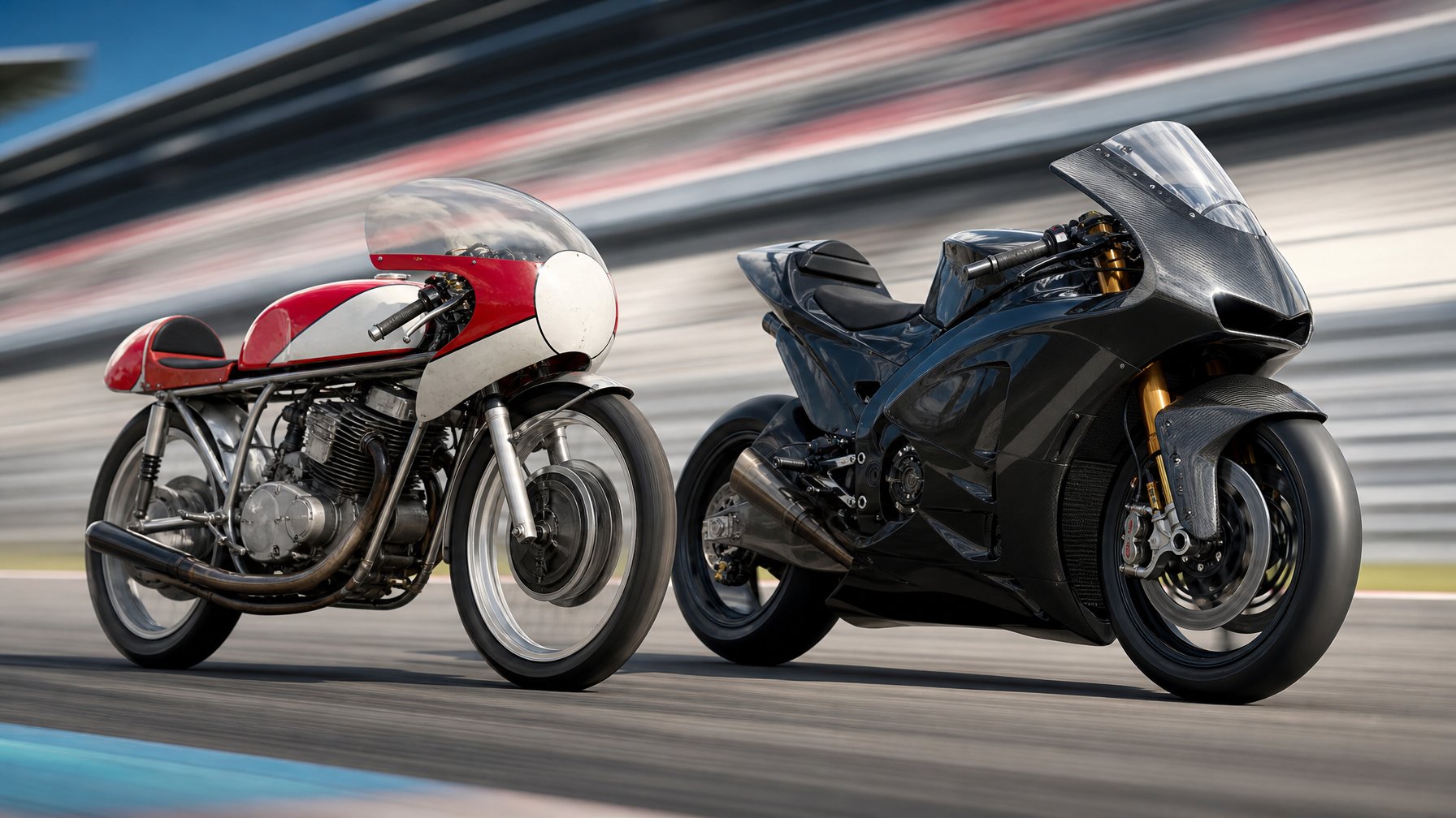 Dua sepeda motor balap MotoGP berdampingan di lintasan, satu dengan desain klasik dan satu dengan desain modern.