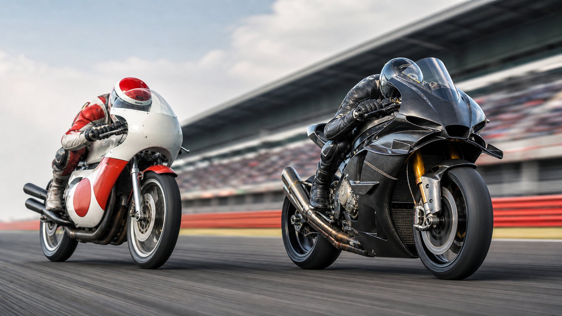 Dua sepeda motor balap MotoGP berdampingan di lintasan, satu dengan mesin 2-tak klasik dan satu dengan mesin 4-tak modern.
