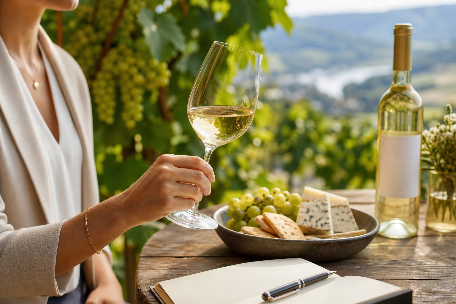 Ein Weinglas mit hellgelbem Weißwein wird von einer Person gehalten, im Hintergrund ist ein Weinberg mit Trauben zu sehen, auf einem Holztisch liegen Käse und Cracker.