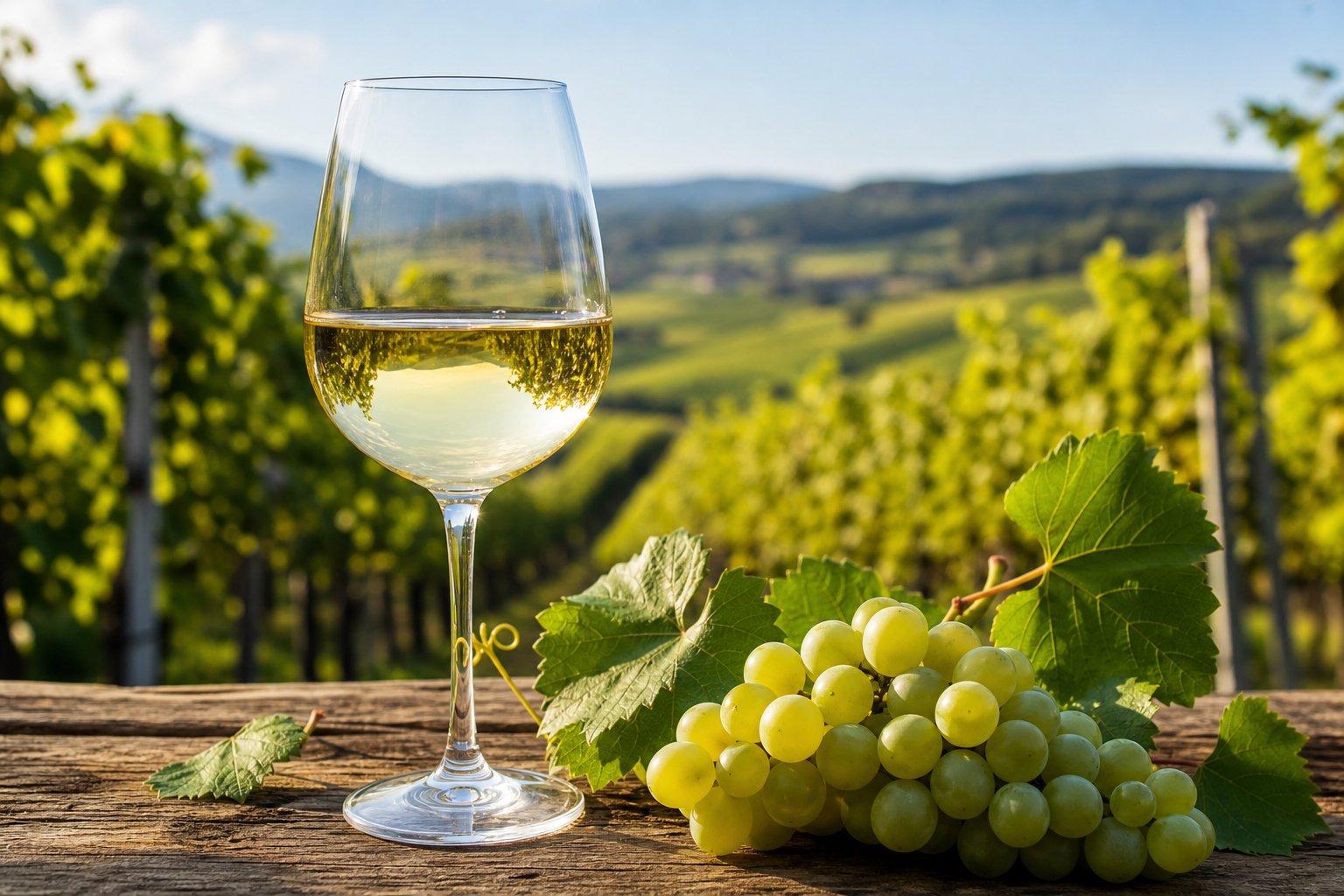 Ein Glas feinherber Weißwein auf einem Holztisch mit grünen Weinblättern und Trauben, im Hintergrund ein Weinberg unter blauem Himmel.