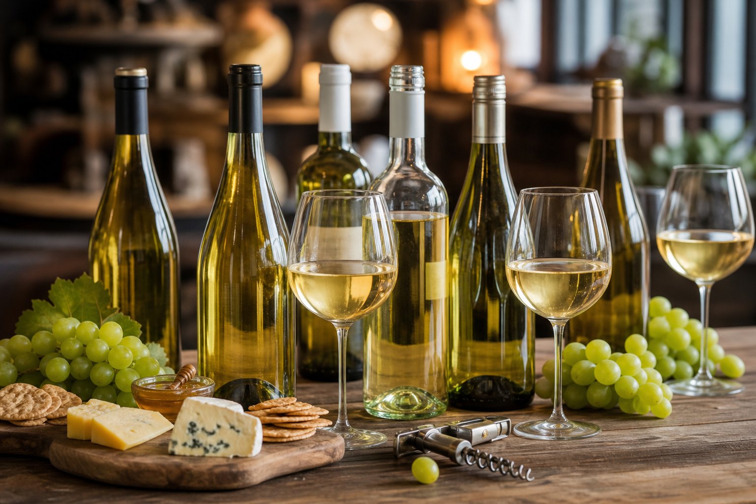 Mehrere Flaschen und Gläser mit feinherbem Weißwein auf einem Holztisch, umgeben von Trauben und Käse.