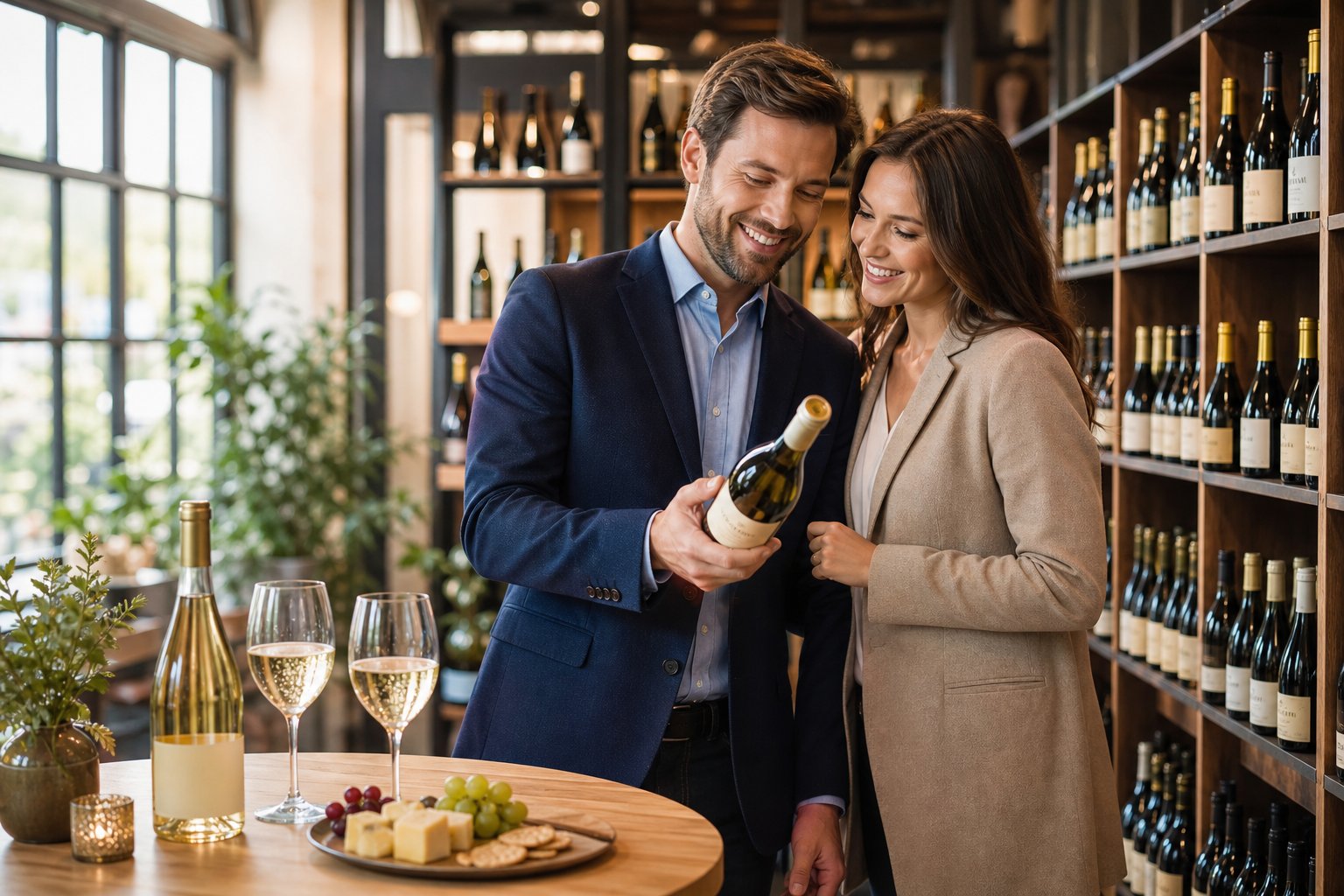 Ein Paar wählt in einem Weinladen eine Flasche feinherben Wein aus, daneben steht ein Tisch mit zwei Gläsern Wein und einer Käseplatte.