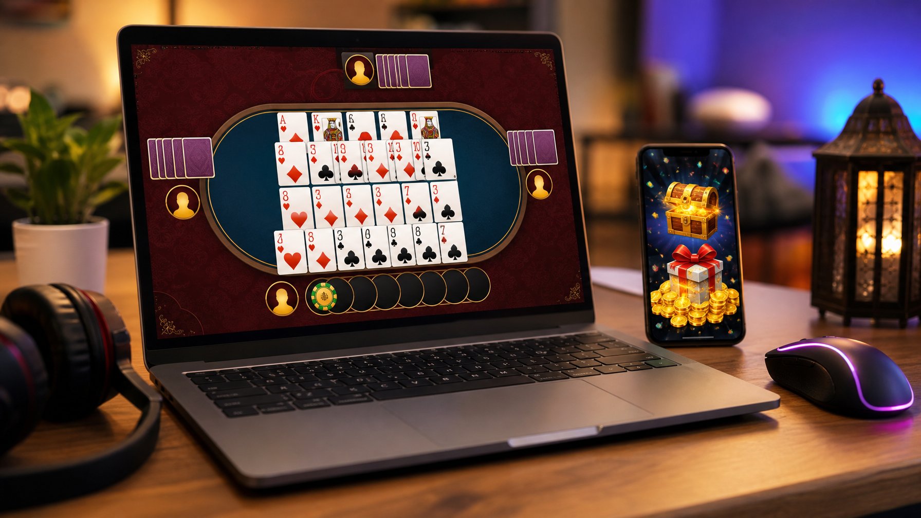 Seorang pemain sedang bermain Capsa Susun online di laptop dengan kartu digital di layar dan perangkat gaming di meja.