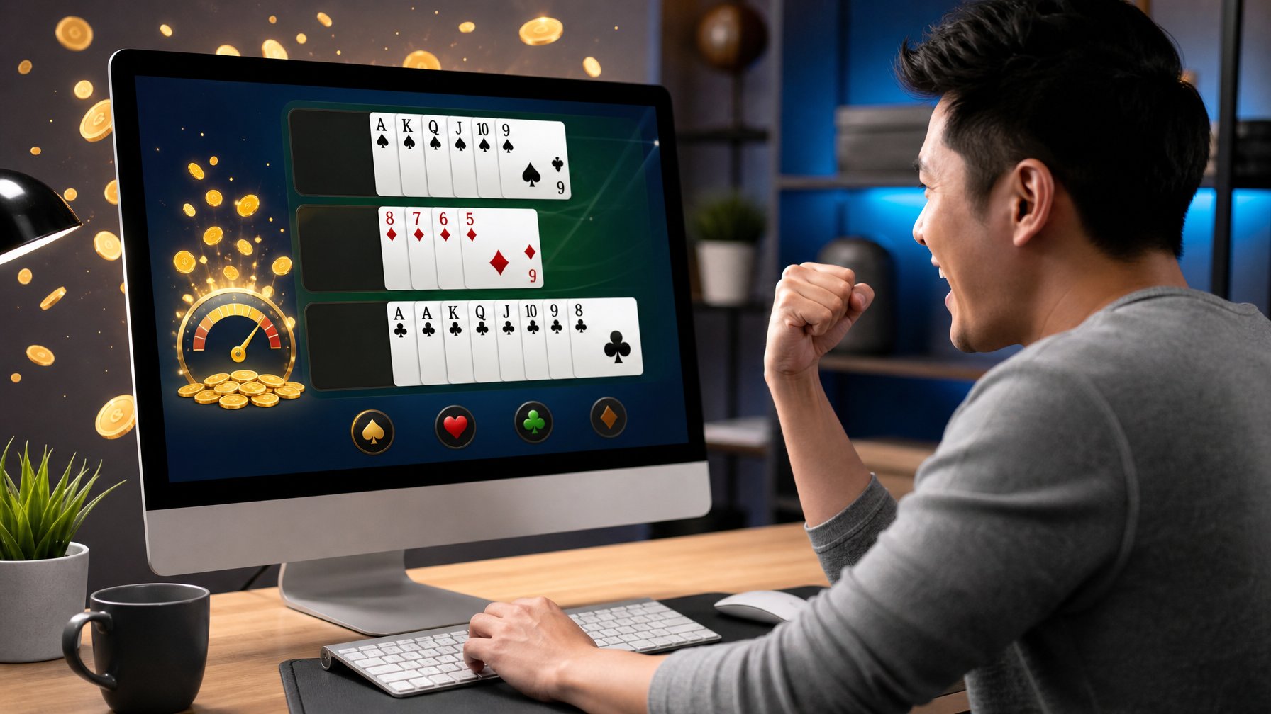 Seorang pemain sedang bermain permainan Capsa online di depan komputer dengan kartu yang terlihat di layar dan suasana yang fokus dan profesional.