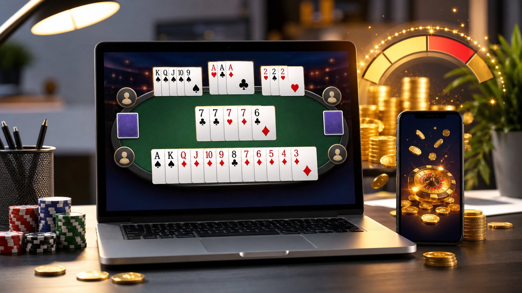 Sebuah meja kerja dengan komputer menampilkan permainan Capsa online dan elemen koin digital serta meter jackpot progresif di latar belakang.