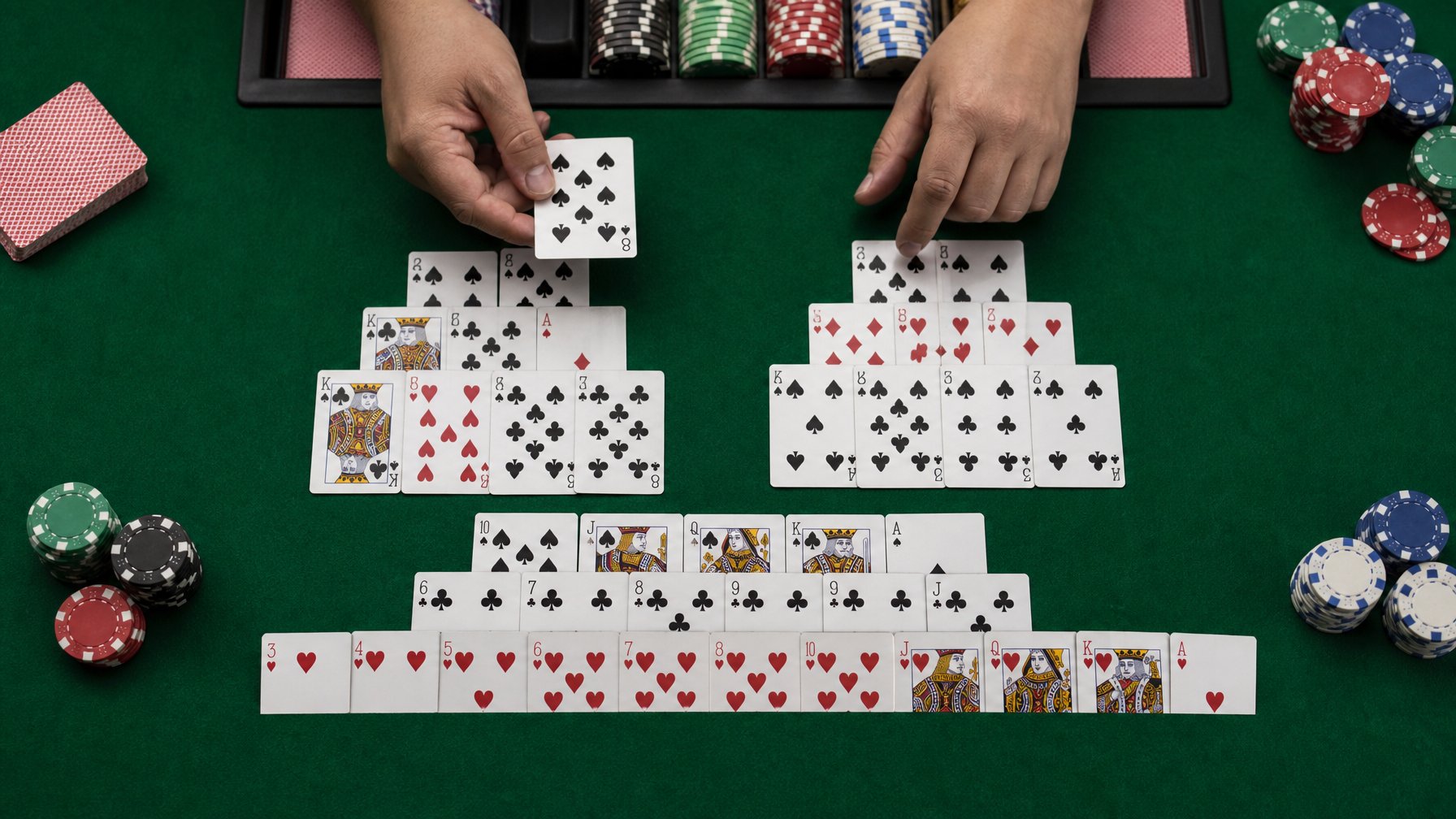 Tampilan atas meja permainan kartu dengan kartu Capsa Susun dan Capsa Banting yang tertata rapi, tumpukan chip poker berwarna-warni, dan tangan yang sedang menempatkan kartu di atas permukaan hijau.