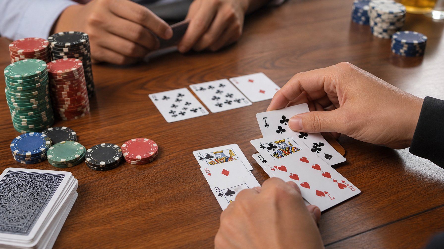 Tangan sedang menyusun kartu Capsa di atas meja kayu dengan tumpukan chip poker di sekitar, menunjukkan suasana permainan kartu yang fokus dan strategis.