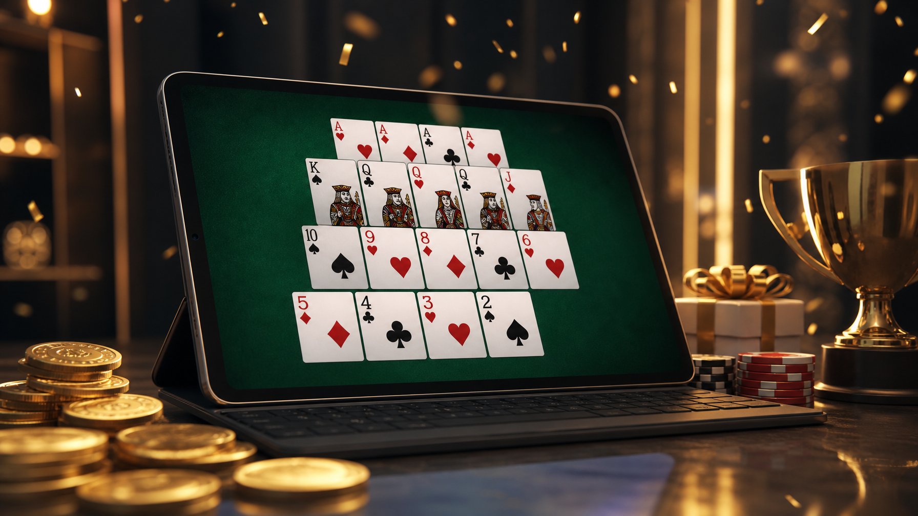 Seseorang sedang bermain Capsa Susun secara online menggunakan laptop dengan kartu-kartu tertata rapi di layar dan simbol kemenangan di sekitarnya.