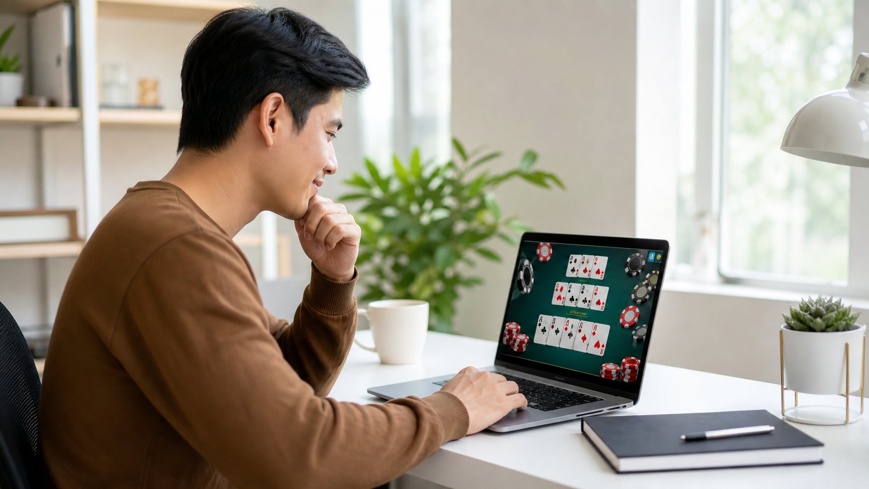 Seseorang duduk di meja dengan laptop, sedang bermain permainan kartu online Capsa Susun di ruangan yang terang dan rapi.