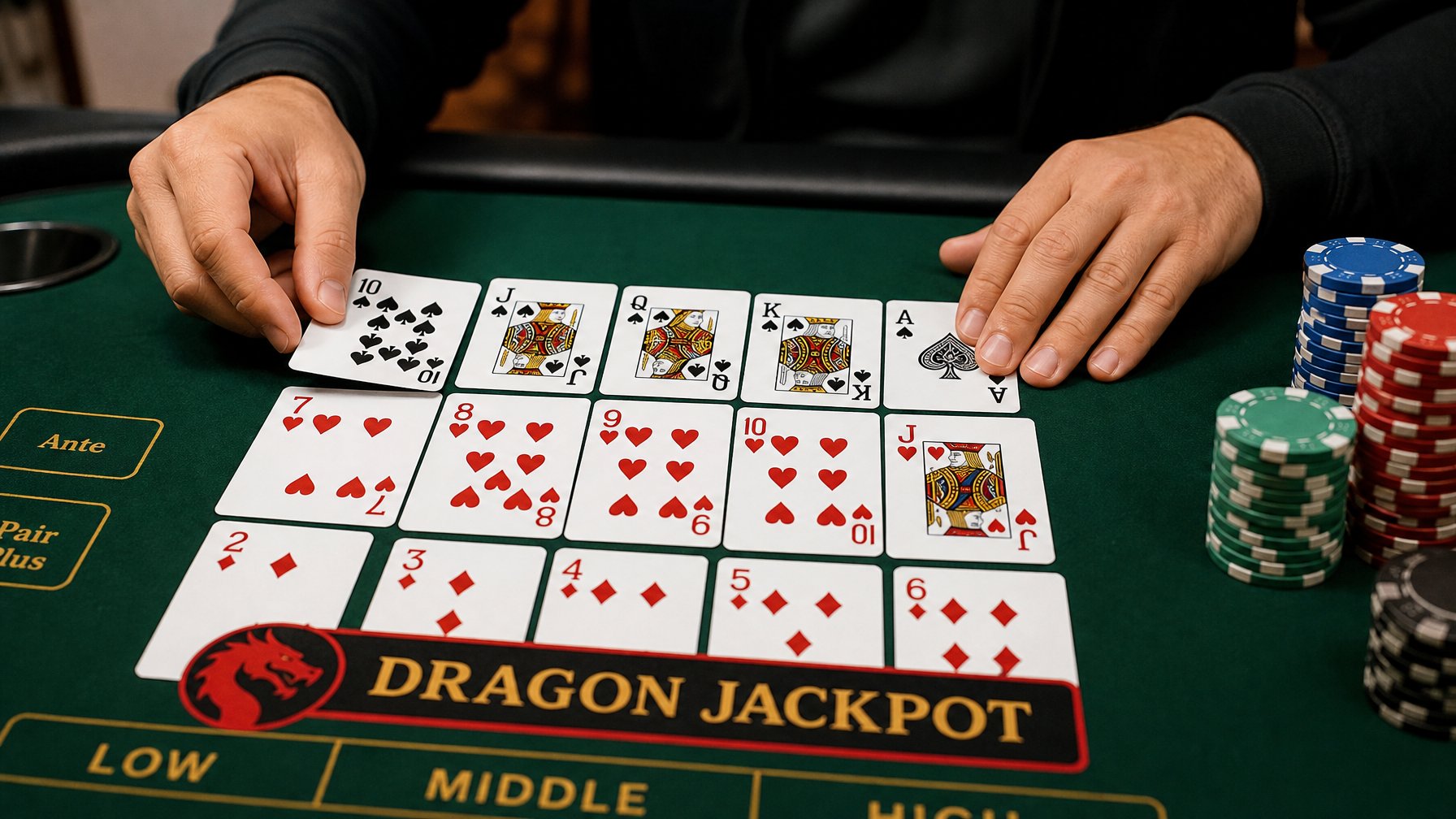 Tangan seseorang sedang menyusun kartu Capsa Susun di atas meja hijau dengan tumpukan chip poker di dekatnya.
