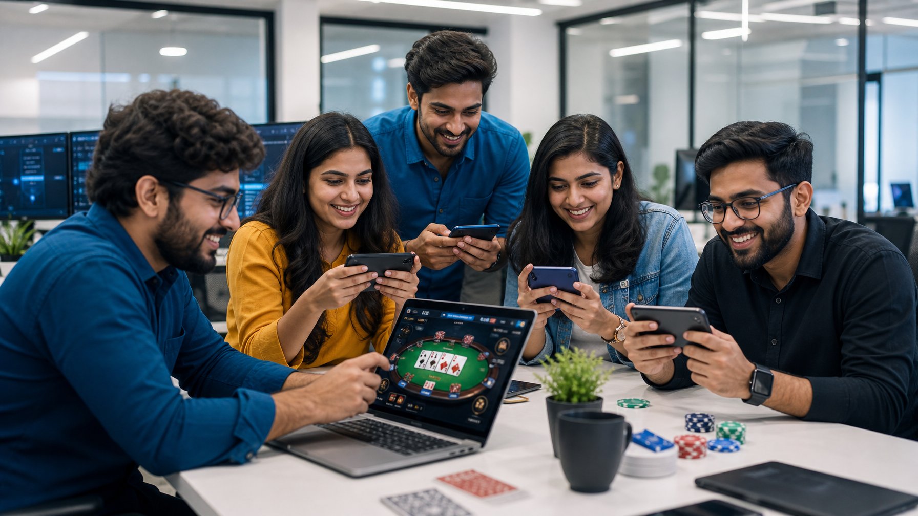 Sekelompok orang muda sedang bermain game kartu online di laptop dan ponsel di sebuah kantor modern.