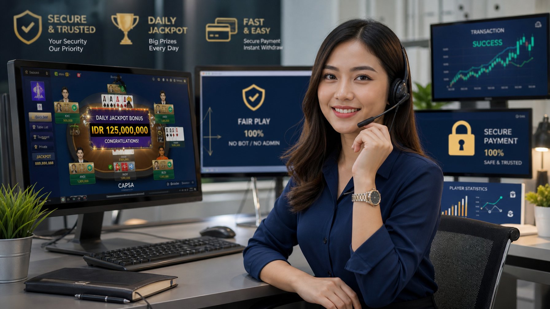 Seorang agen Capsa online yang percaya diri duduk di meja dengan beberapa layar komputer menampilkan permainan kartu dan notifikasi bonus jackpot harian.