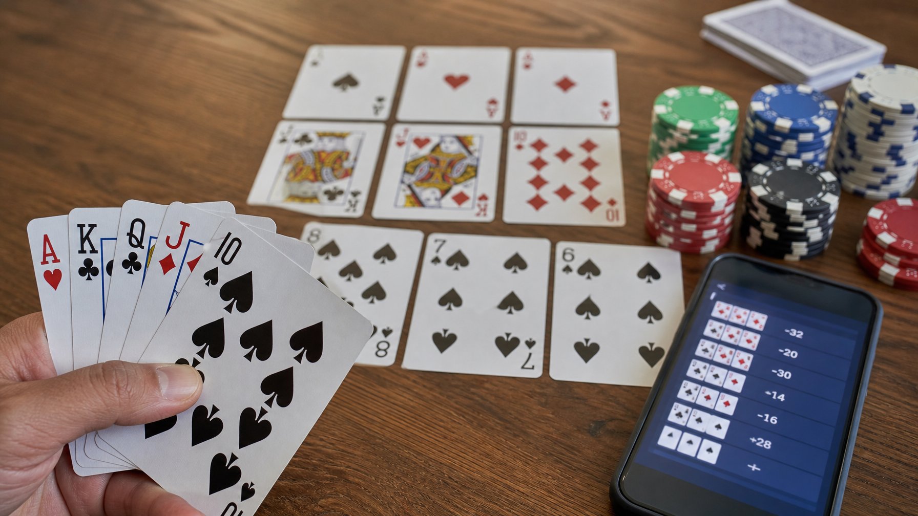 Tangan memegang kartu remi di atas meja kayu dengan tumpukan chip poker dan ponsel yang menampilkan skor permainan Capsa Susun.