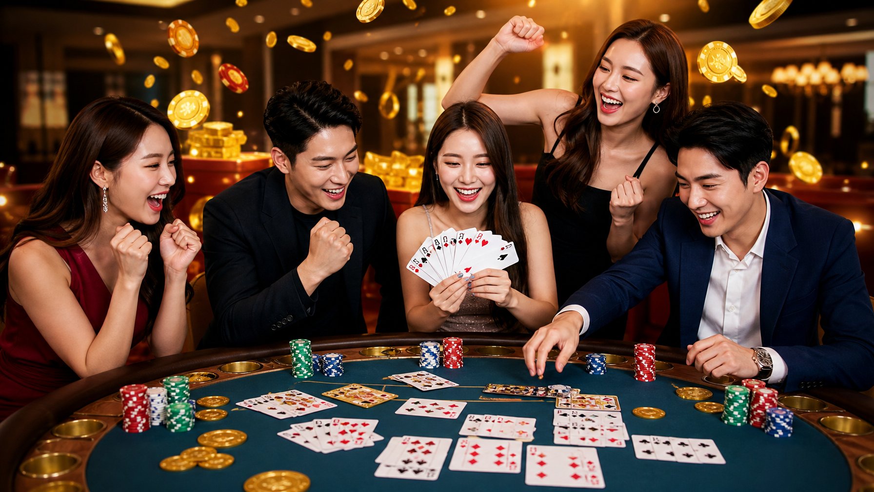 Meja permainan Capsa dengan kartu dan chip, dikelilingi oleh pemain yang antusias dan simbol jackpot yang bersinar di latar belakang.