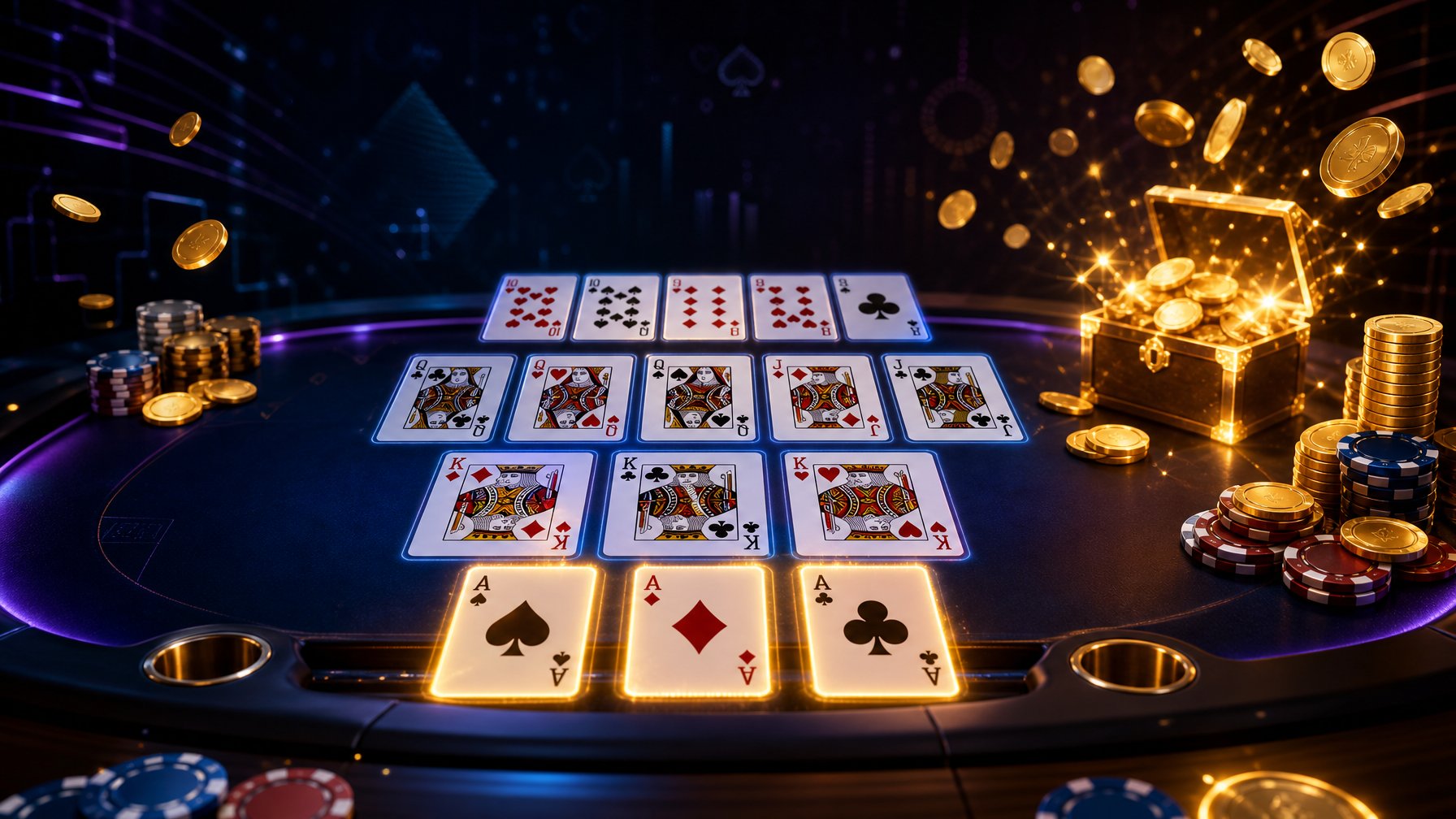 Meja permainan kartu Capsa dengan kartu berwarna cerah, tumpukan chip, dan koin berkilau yang menunjukkan suasana kemenangan dan bonus jackpot.