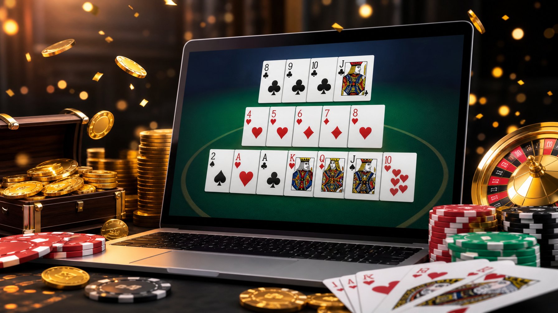 Seseorang bermain permainan kartu Capsa Susun di perangkat digital dengan tumpukan koin emas dan chip di sekitarnya yang menunjukkan suasana kemenangan dan bonus.