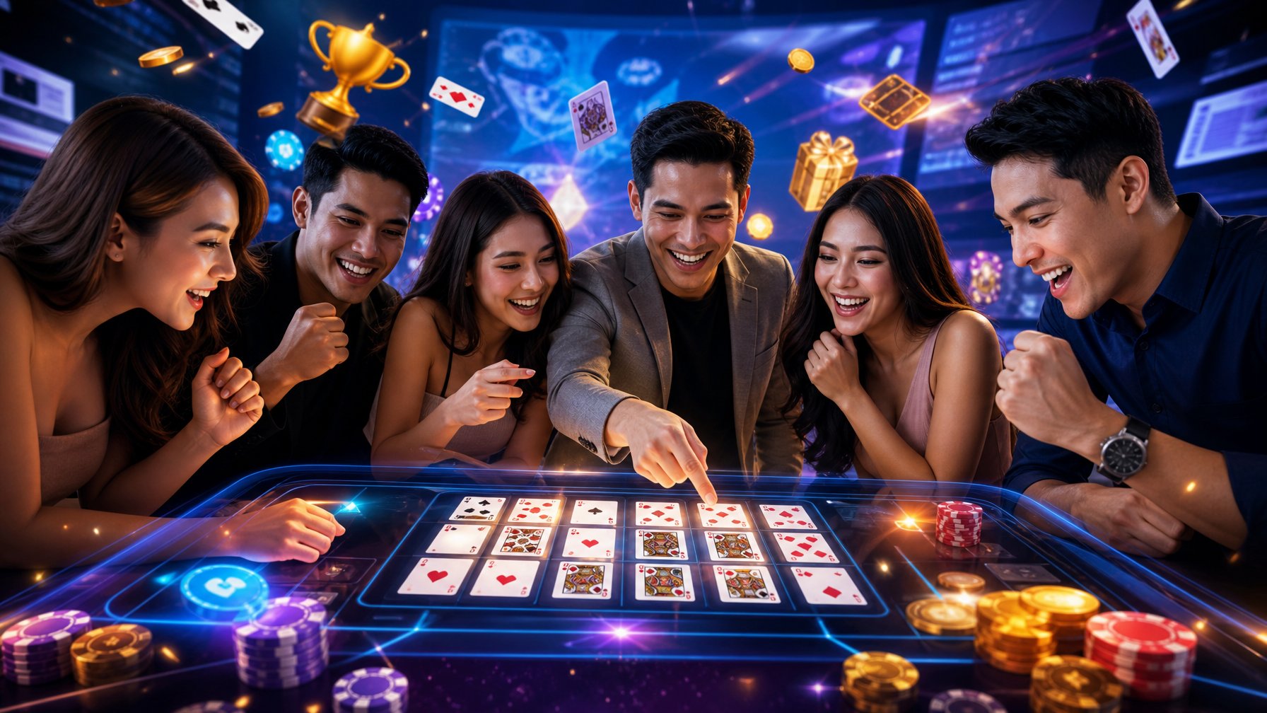 Sekelompok orang bermain kartu Capsa Susun di meja digital dengan chip dan kartu warna-warni, suasana penuh semangat dan antisipasi.