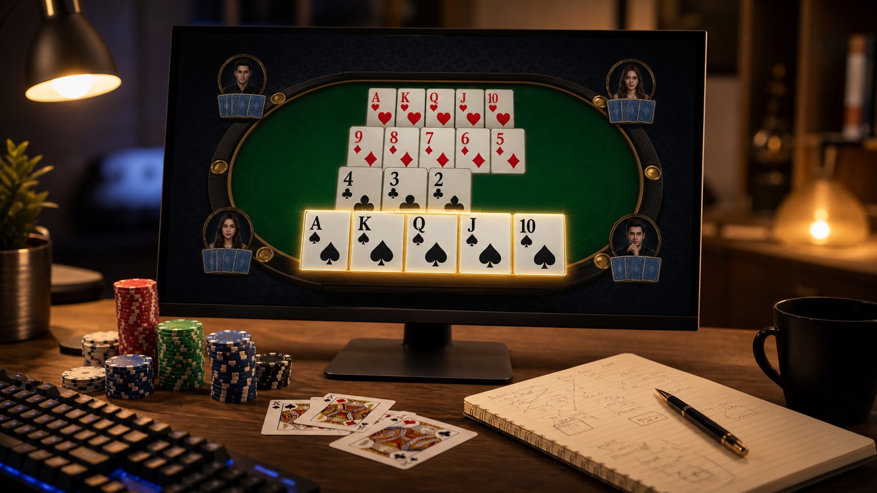 Sebuah meja permainan Capsa Susun online dengan monitor menampilkan kartu royal flush dan perlengkapan permainan di sekitarnya.