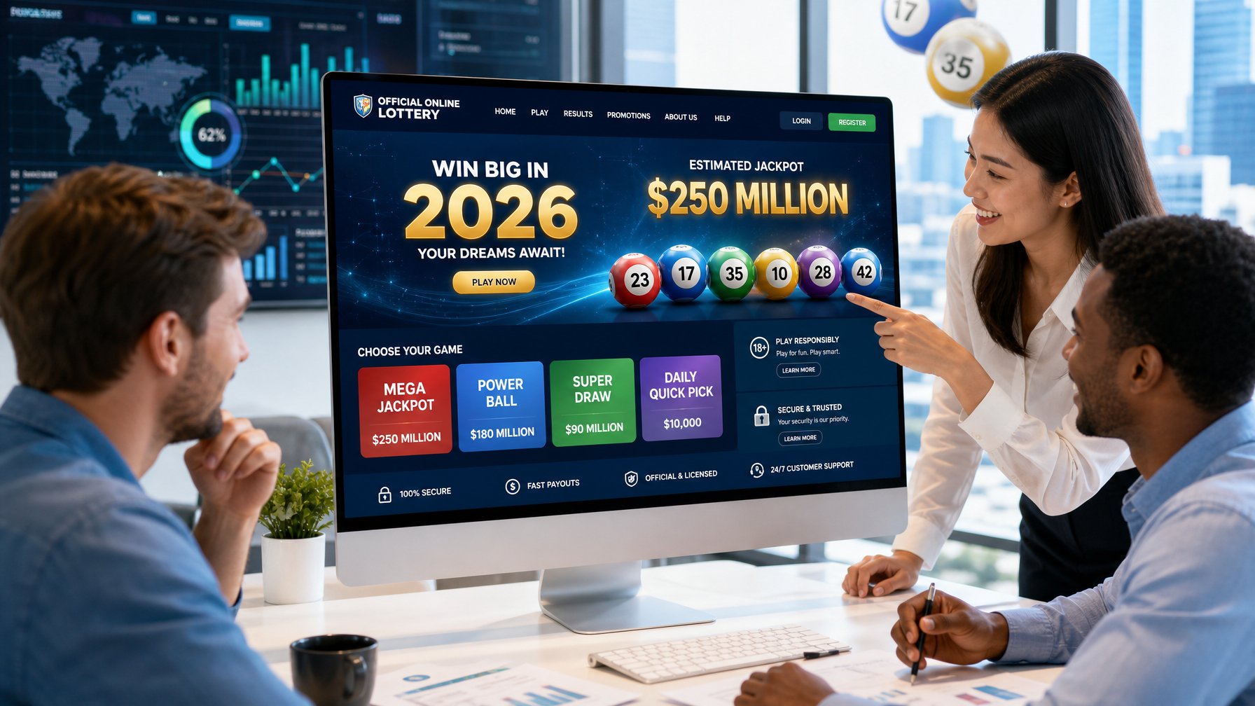 Orang-orang sedang menggunakan platform togel online resmi di kantor modern dengan layar komputer besar dan elemen digital terkait togel.