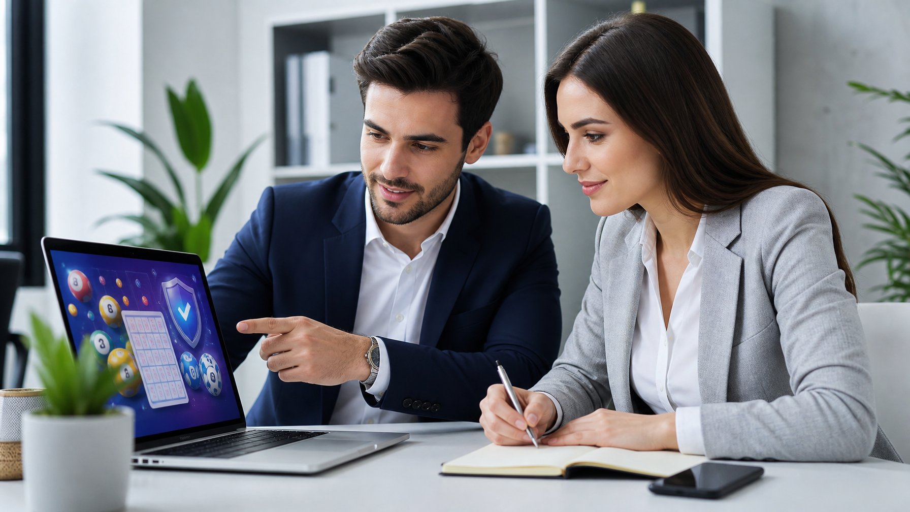 Seorang pria dan wanita muda duduk bersama di meja modern sambil melihat layar laptop dengan antarmuka digital terkait pendaftaran permainan daring, dalam suasana kantor yang terang dan rapi.