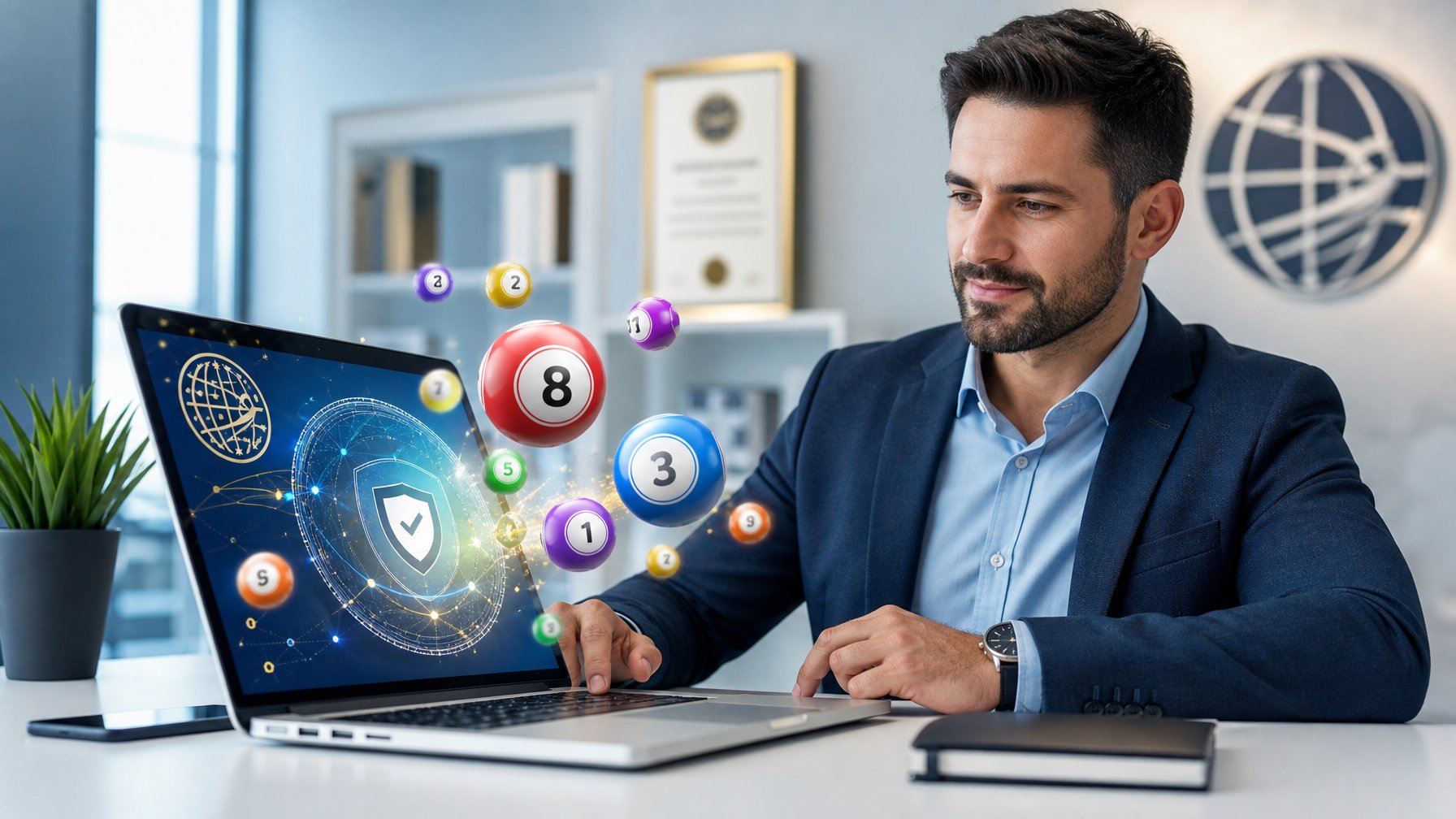 Seorang profesional menggunakan laptop di kantor modern dengan bola lotere 3D berwarna-warni di layar, menunjukkan konsep lotere online yang aman dan terpercaya.