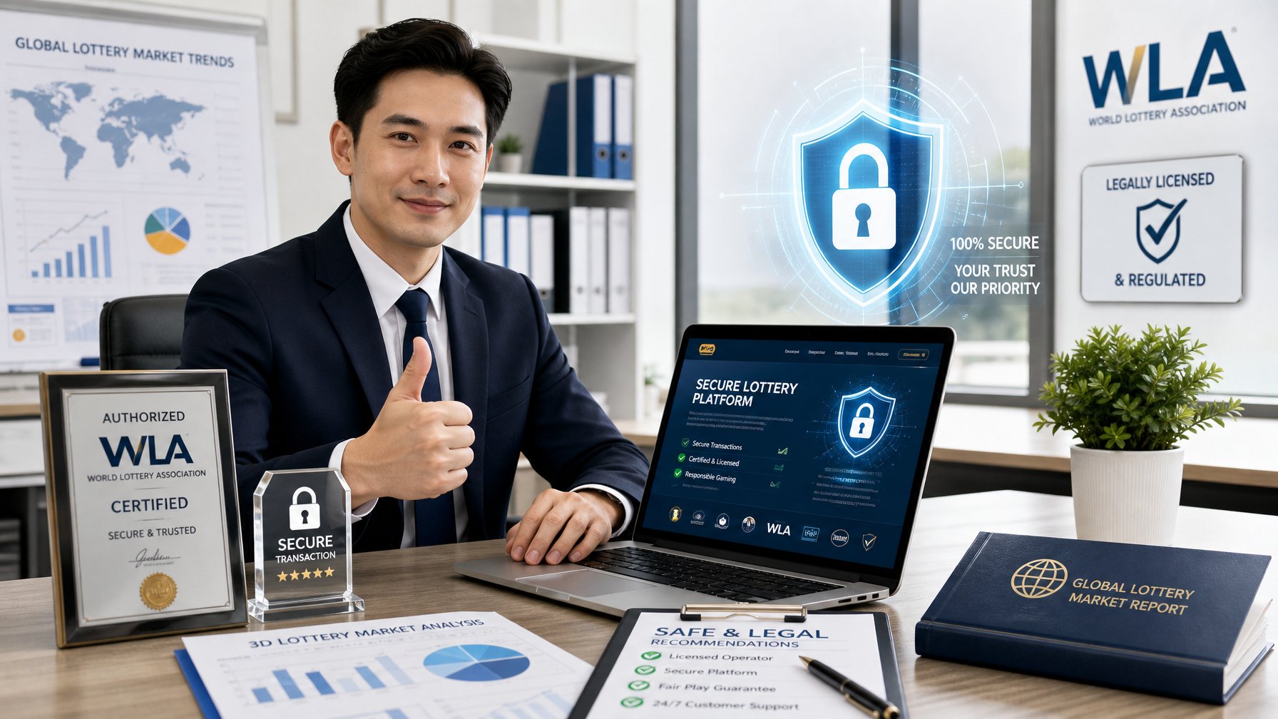 Seorang profesional duduk di meja kantor modern dengan laptop, dikelilingi simbol keamanan dan sertifikasi resmi terkait pasar togel online.