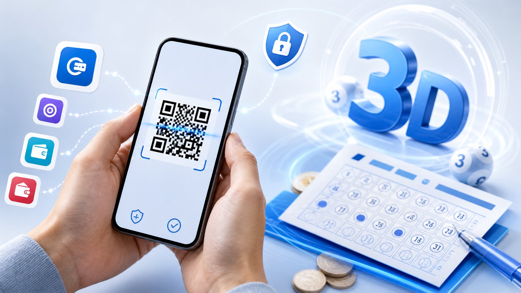 Tangan memegang smartphone yang menampilkan kode QR dengan ikon dompet digital di latar belakang, menggambarkan pembayaran digital untuk permainan togel online.