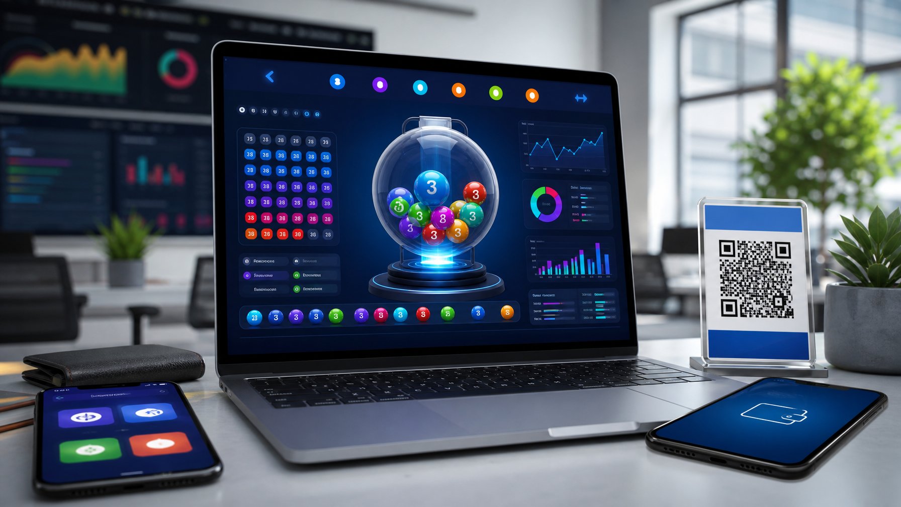 Layar komputer menampilkan antarmuka permainan togel 3D dengan ikon pembayaran QRIS dan dompet elektronik di lingkungan kantor modern.