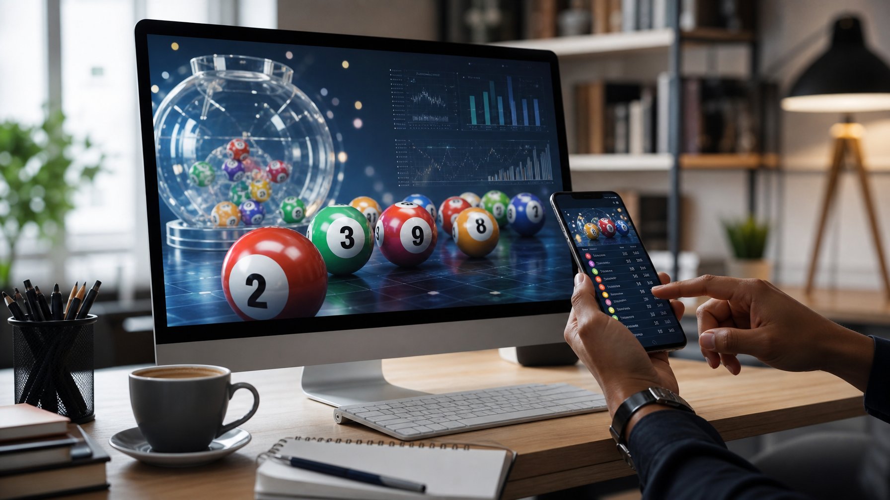 Meja kerja modern dengan komputer menampilkan angka lotre 3D dan seseorang menggunakan ponsel untuk memeriksa hasil lotre.