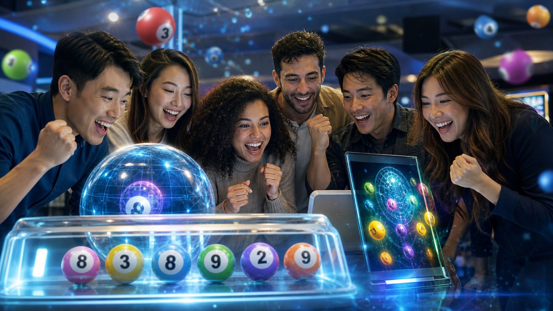 Sekelompok orang sedang berkumpul dan melihat layar digital dengan angka dan simbol lotre 3D yang berwarna-warni dalam suasana modern dan berteknologi tinggi.