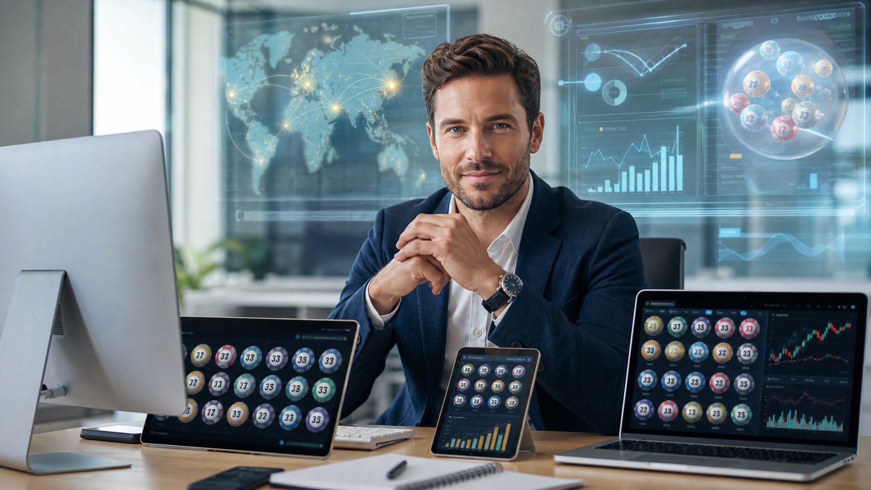 Seorang profesional duduk di meja modern dengan perangkat digital yang menampilkan angka togel dan grafik, menggambarkan pemilihan bandar togel 3D terpercaya.