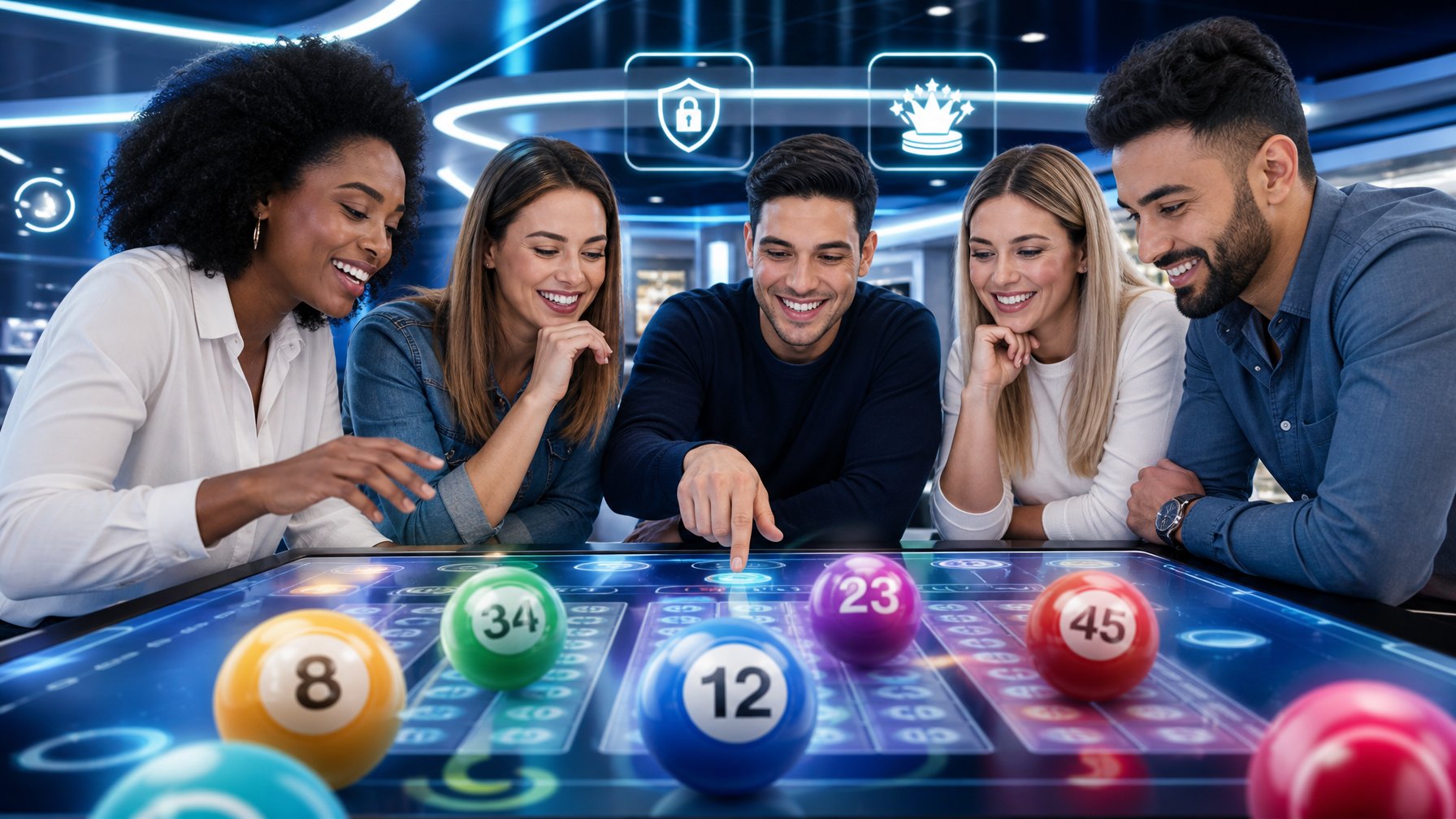 Sekelompok orang muda sedang menggunakan meja sentuh digital dengan tampilan angka togel 3D di lingkungan permainan judi online yang modern dan terang.