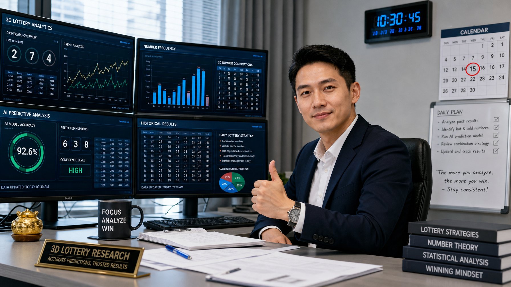 Seorang pria Asia duduk di meja kantor dengan beberapa monitor komputer yang menampilkan grafik dan angka togel, fokus pada analisis dan prediksi hari ini.