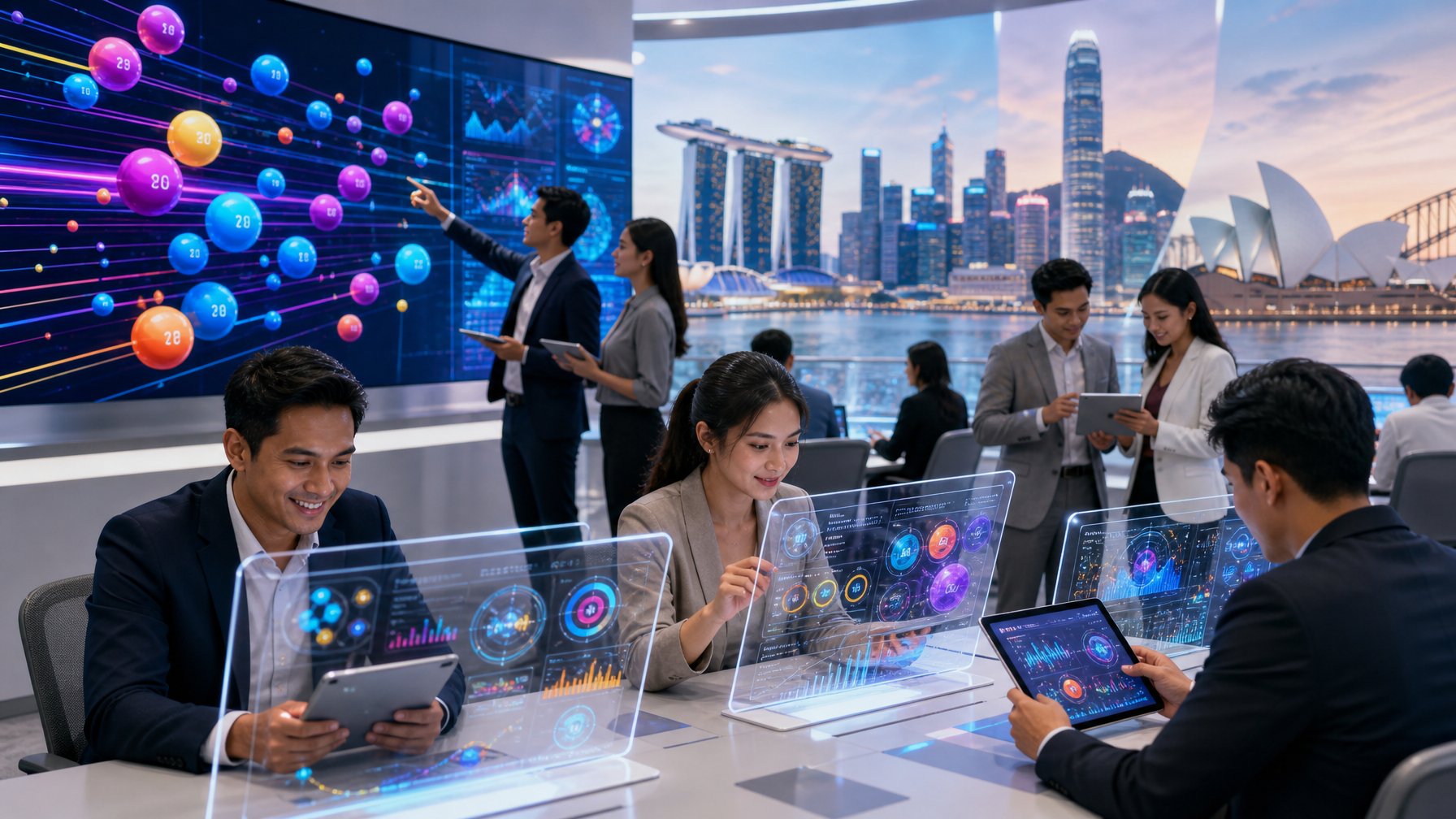 Suasana kantor modern dengan beberapa orang yang sedang menganalisis data pada layar digital, latar belakang menampilkan elemen ikonik dari Singapura, Hong Kong, dan Sydney.
