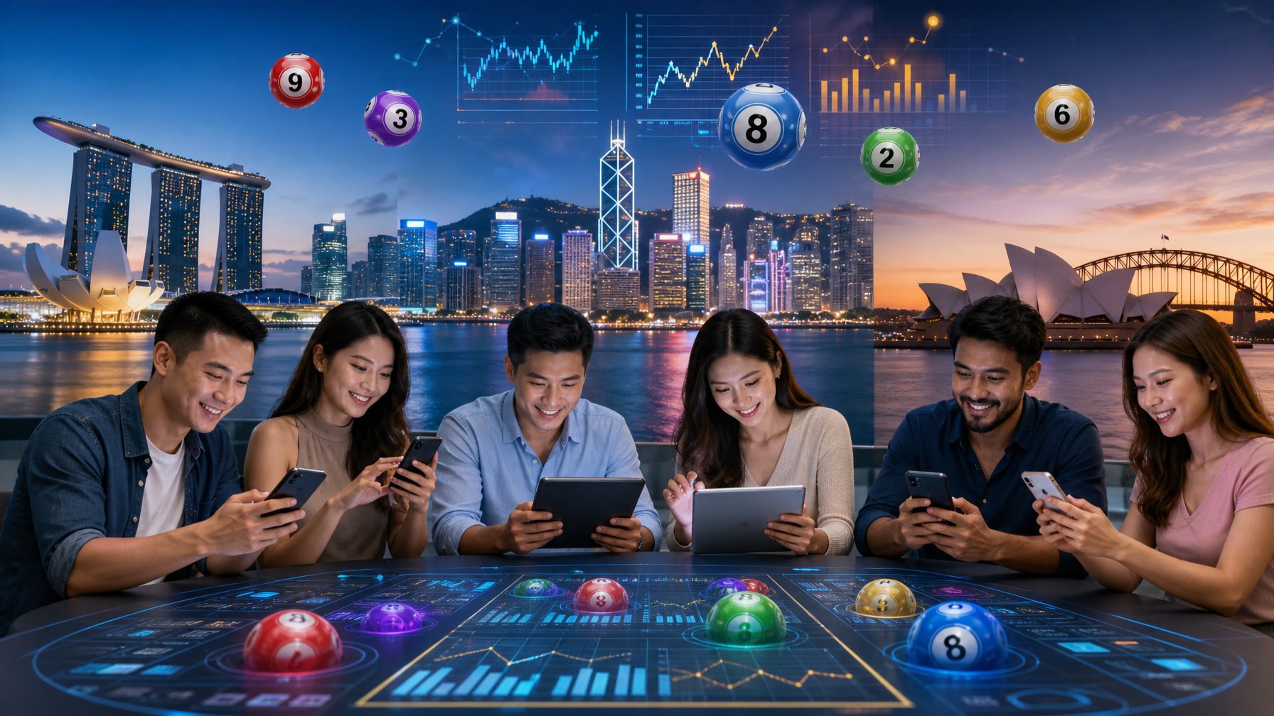 Sekelompok orang sedang bermain togel 3D menggunakan perangkat digital dengan latar belakang kota-kota besar seperti Singapura, Hongkong, dan Sydney.