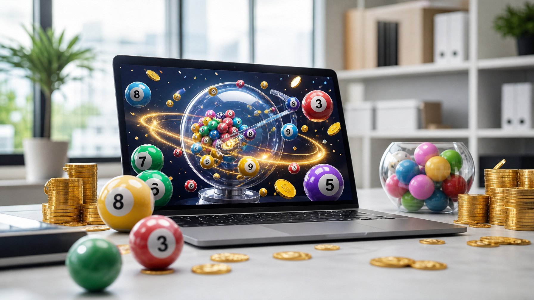 Orang menggunakan perangkat digital dengan tampilan angka togel 3D dan koin emas di atas meja di lingkungan kantor yang terang.