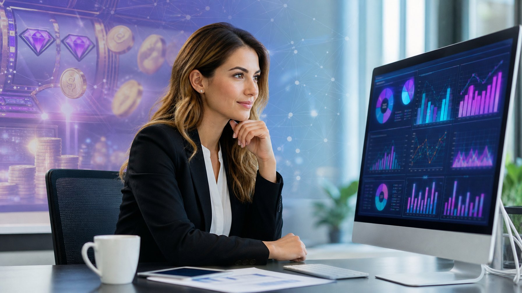 Seorang wanita profesional duduk di meja kantor modern sambil melihat layar komputer yang menampilkan grafik dan data terkait permainan slot online.