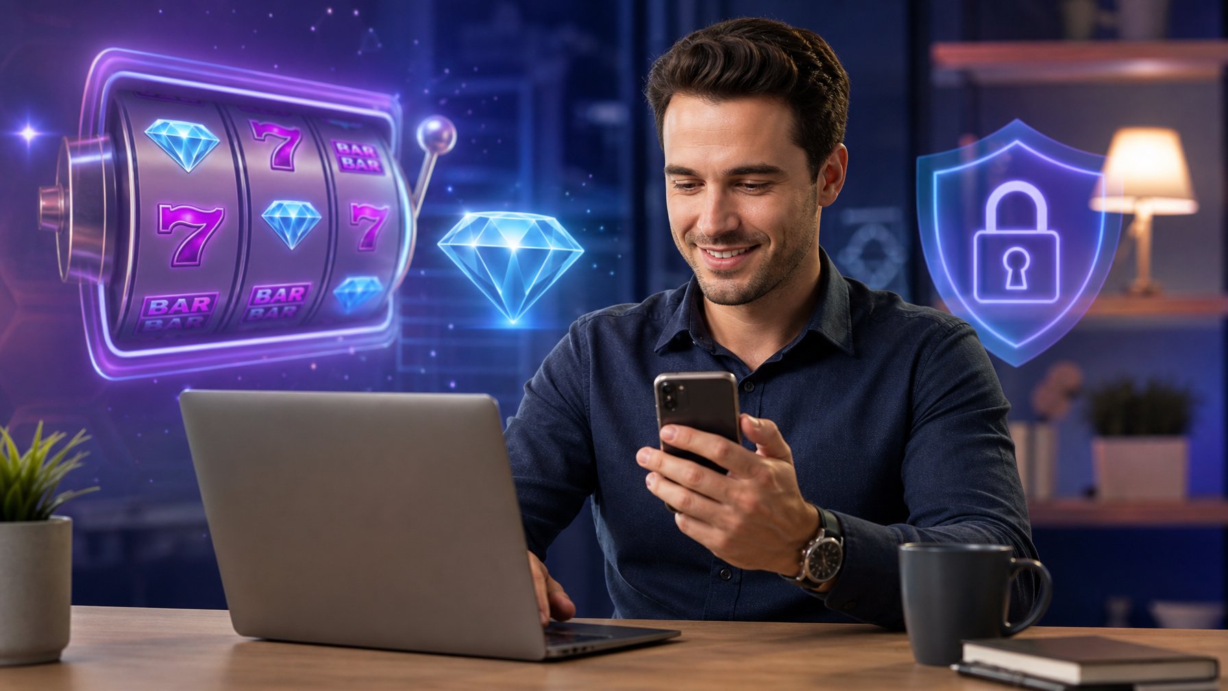 Seseorang menggunakan laptop di ruang kerja modern dengan latar belakang simbol mesin slot Double Diamond yang bersinar.