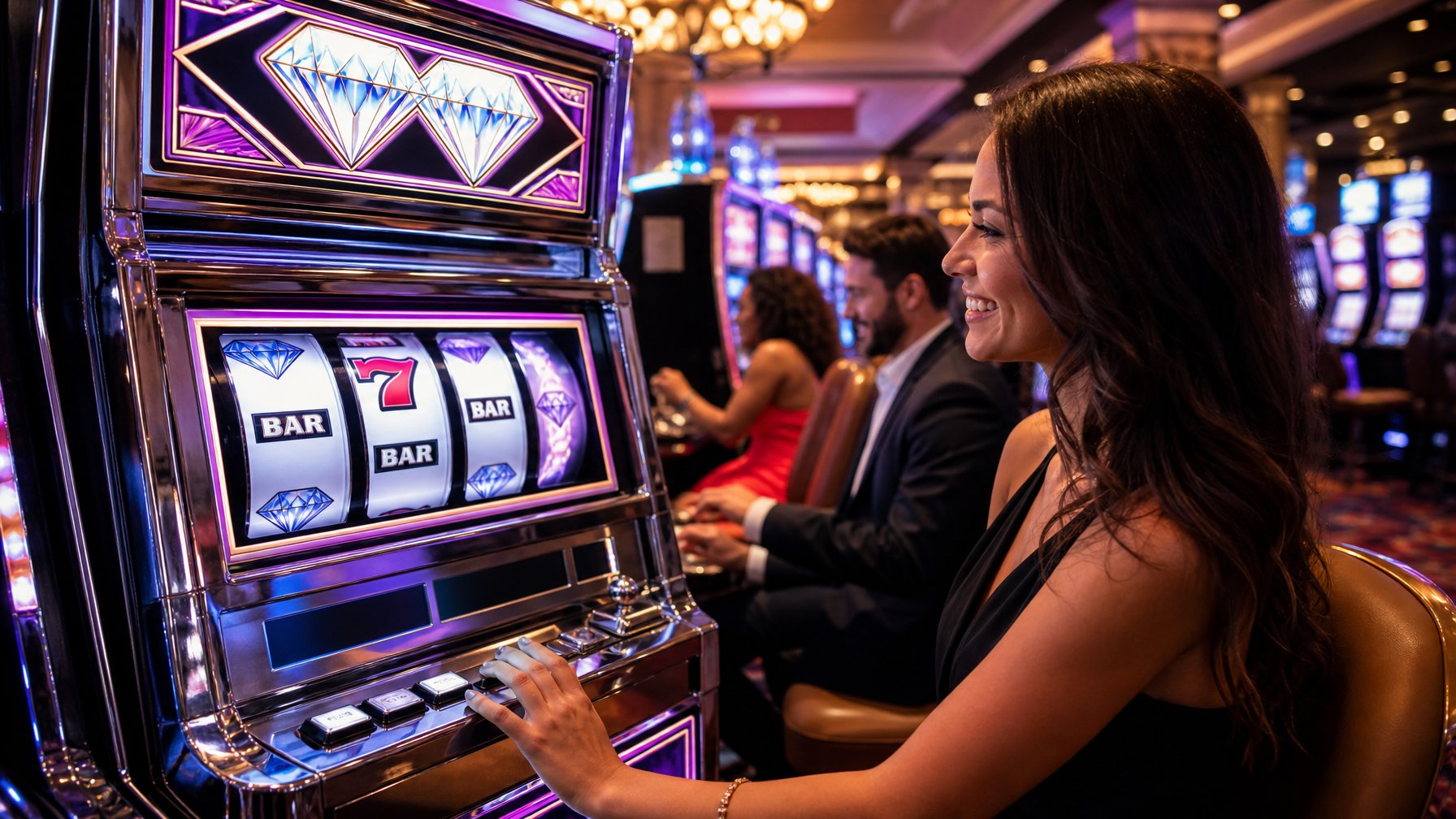 Suasana kasino modern dengan mesin slot Double Diamond yang menyala dan beberapa pemain sedang bermain.