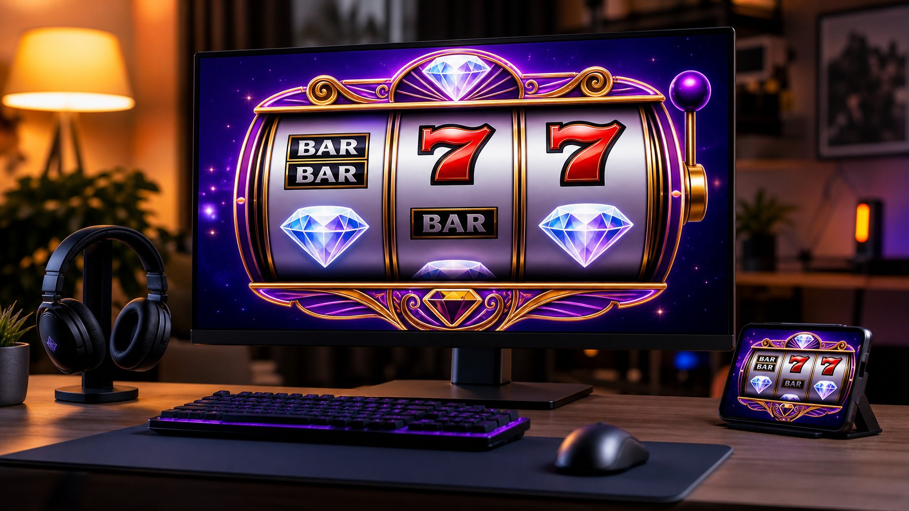 Sebuah meja kerja dengan monitor menampilkan permainan slot Double Diamond dan perangkat pendukung seperti keyboard dan ponsel.